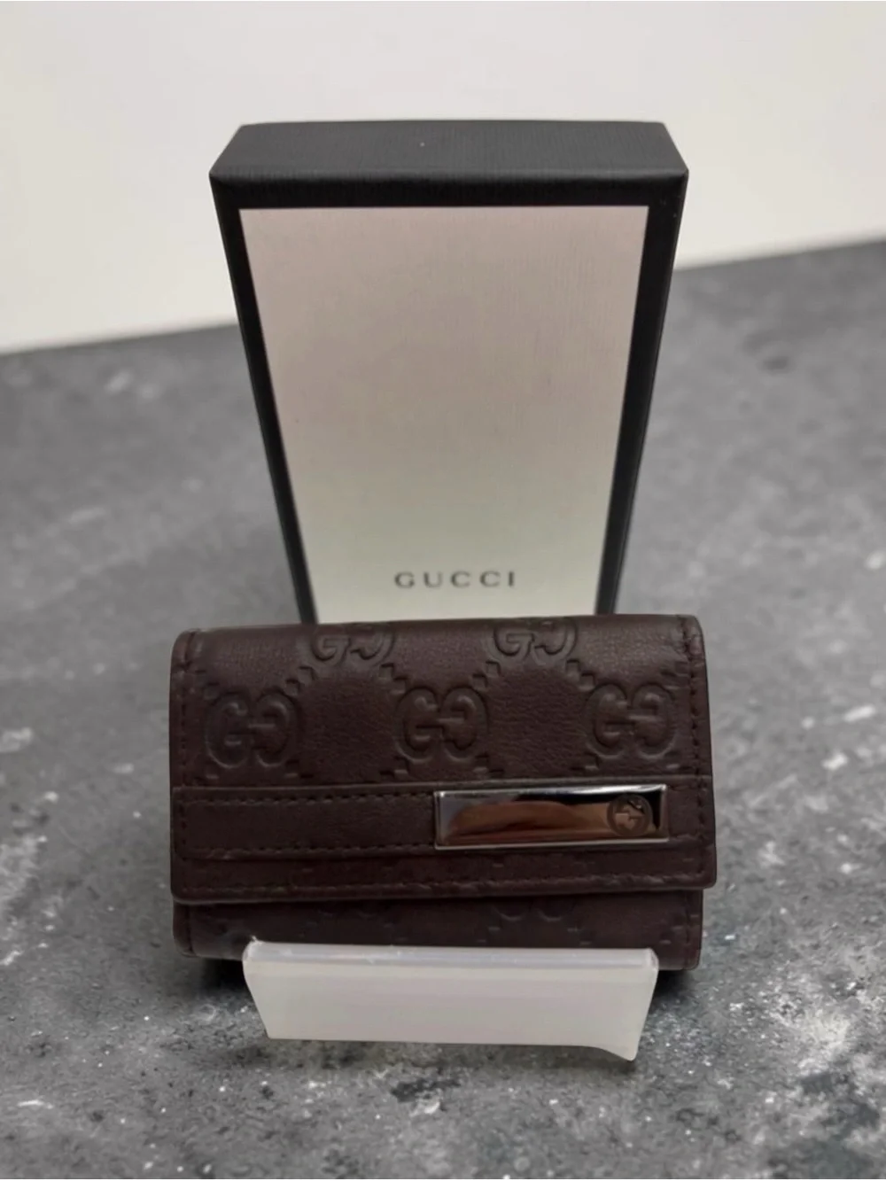 Gucci Dark Brown GG Embossed Leather Key & Card Holder